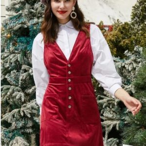 Half Buttoned Pockets Christmas Corduroy Mini Dress - Red Wine