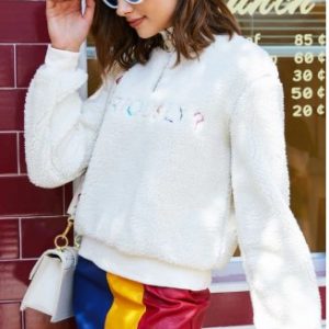 Half Zip Fluffy Letter Embroidered Teddy Sweatshirt