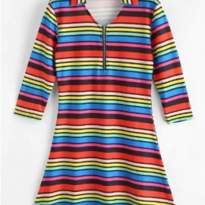 Half Zip Rainbow Stripes Mini Dress - Multi-a