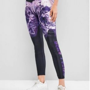 Halloween Skull And Letters Print Skinny Leggings - Viola Purple