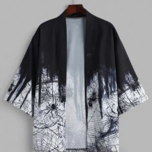 Halloween Spider Net Ombre Print Kimono Cardigan - Black