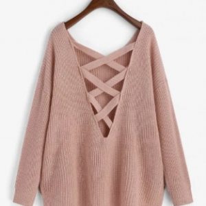 High Low Slit Criss Cross Oversized Drop Shoulder Sweater - Pink