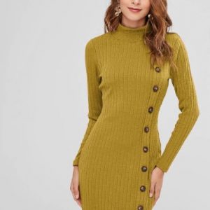 High Neck Buttoned Short Knit Dress - Ginger Brown