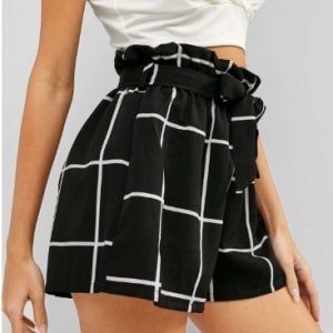 High Rise Plaid Belted Frilled Shorts - Black