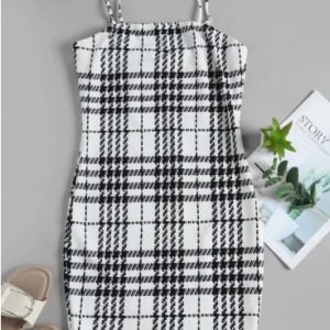 Houndstooth Print Mini Cami Dress - White