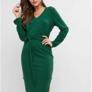 Knitted Belted V Neck Curved Hem Dress