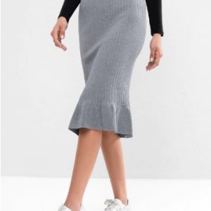 Knitted Flounced Hem Midi Skirt - Jet Gray