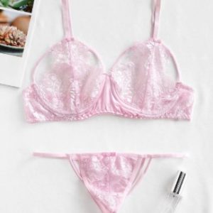 Lace Eyelash Caged Underwire Lingerie Bra Set