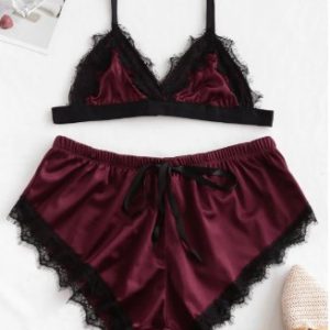 Lace Insert Bowknot Satin Pajama Set