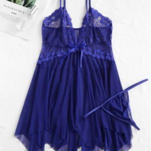 Lace Panel Mesh Handkerchief Babydoll Set