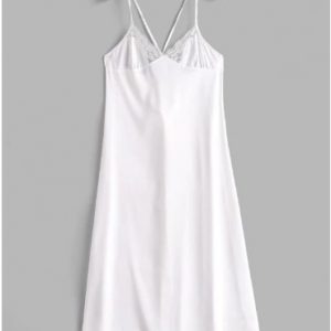 Lace Panel Satin Lace-up Slip Dress - White