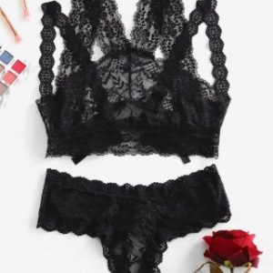 Lace See Thru Cutout Tie Lingerie Bralette Set