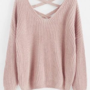 Lace Up Drop Shoulder Chunky Sweater - Pig Pink