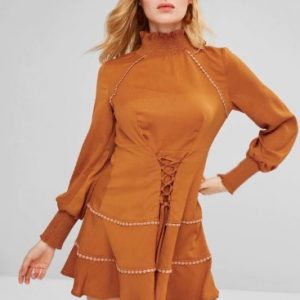 Lace-up Long Sleeve Flounce Dress - Light Brown