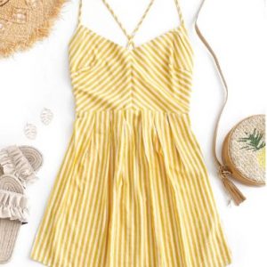 Lace-up Striped Spaghetti Strap Mini Dress - Bee Yellow