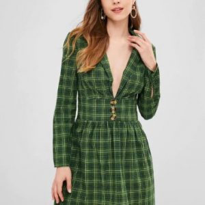 Lapel Low Cut Plaid Mini Dress - Medium Forest Green