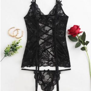 Lattice Floral Lace Garter Dress - Black