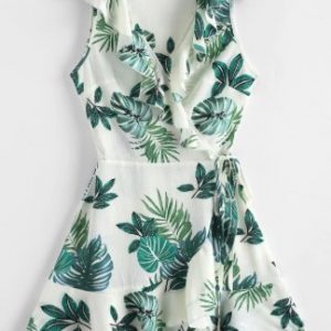 Leaf Print V Neck Ruffle Wrap Dress