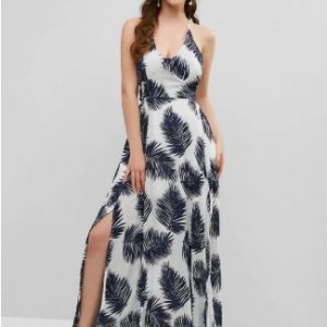 Leaves Print Backless Slits Maxi Dress - White