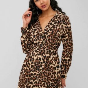 Leopard Belted Long Sleeve Dress - Leopard