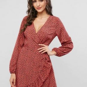 Leopard Ruffle Long Sleeve Wrap Dress