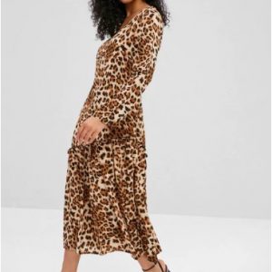 Leopard Ruffles Long Sleeve Dress - Leopard