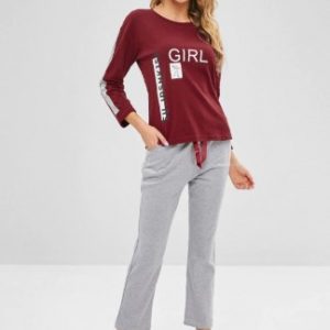 Letter Drop Shoulder Color Block Pajama Set