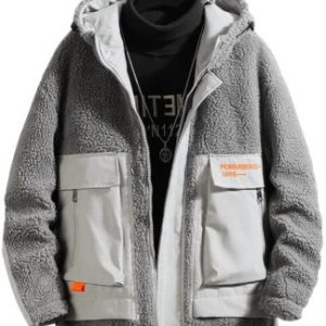 Letter Embroidery Colorblock Spliced Faux Fur Fuzzy Hood Jacket - Gray