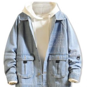 Letter Embroidery Flap Pocket Raglan Sleeve Jean Jacket - Light Blue