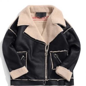 Letter Embroidery Ring Zipper Spliced Faux Fur Jacket