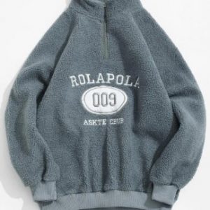 Letter Embroidery Vent Zip Sweatshirt - Blue Gray