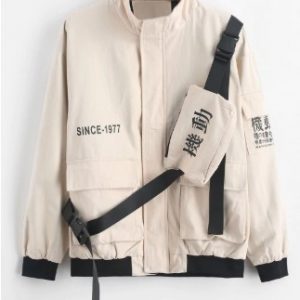 Letter Graphic Print Flap Pocket Strap Bag Cargo Jacket - Khaki