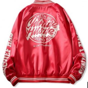 Letter Graphic Print Raglan Sleeve Baseball Jacket - Lava Red