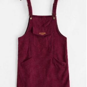 Letter Patched Flap Pocket Corduroy Overalls Dress