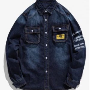 Letter Print Applique Chest Pocket Button Denim Shirt