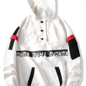 Letter Print Colorblock Raglan Sleeve Pullover Hooded Jacket - White