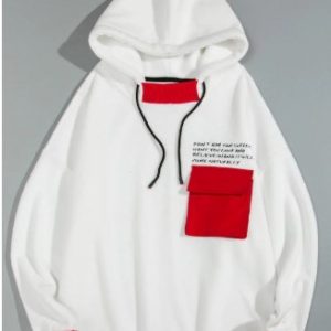 Letter Print Contrast Trim Fluffy Pocket Drawstring Hoodie - White