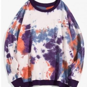 Letter Print Tie Dye Drop Shoulder Sweatshirt - Plum Pie