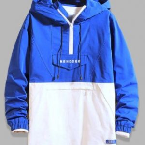 Letter Zipper Decoration Colorblock Hoodie - Blue