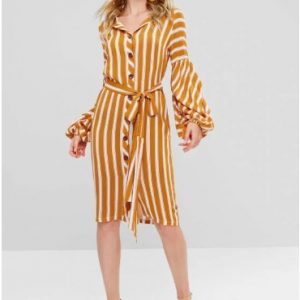 Long Lantern Sleeve Striped Button Through Dress - Orange