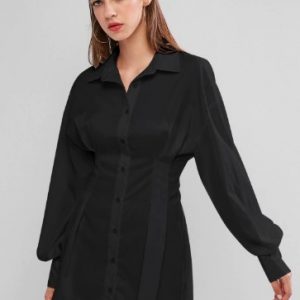 Long Sleeve Button Down Mini Shirt Dress - Black