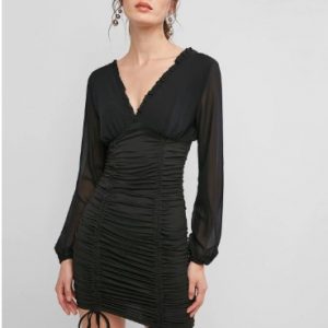 Long Sleeve Cinched Double V Bodycon Dress - Black