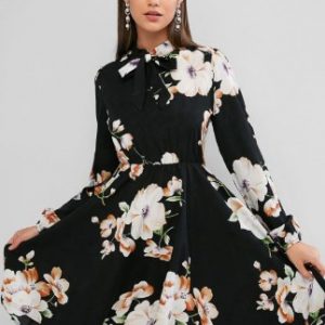 Long Sleeve Floral Bow Tie Mini Dress