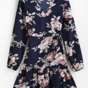 Long Sleeve Floral Mini Wrap Dress