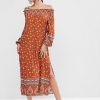 Long Sleeve Floral Off Shoulder Slit Dress - Multi-a