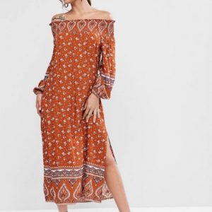 Long Sleeve Floral Off Shoulder Slit Dress - Multi-a