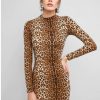 Long Sleeve Leopard Tiger Mini Bodycon Dress - Multi-a