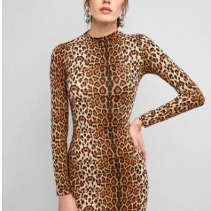 Long Sleeve Leopard Tiger Mini Bodycon Dress - Multi-a