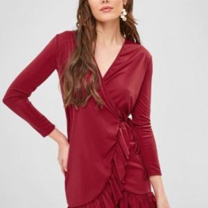 Long Sleeve Mini Ruffled Wrap Dress