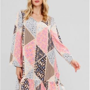 Long Sleeve Patchwork Print Swing Dress - Multi